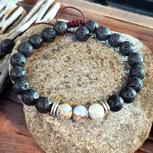 Handcrafted Chakra Bracelet Natural Blue and Tan Aqua Terra Jasper Black Lava